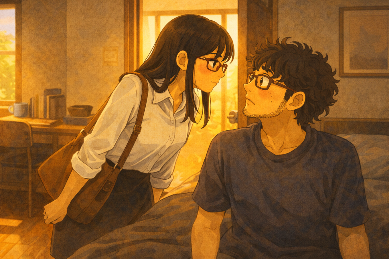 Early Monday morning — Mia by the door after kissing Faris, who sits on the bed looking baffled. Warm golden morning light. A moment of vulnerability.